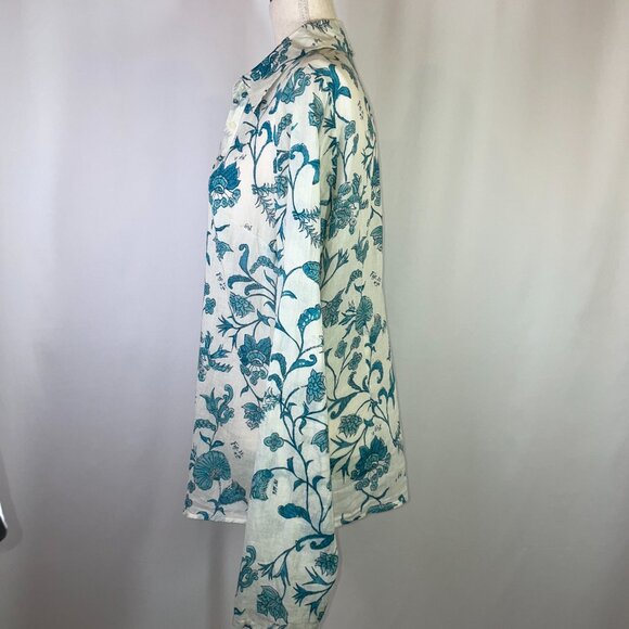 IKKS French Floral Linen Blouse Size L Long Sleeves Gauzy Collared Button Down - Picture 2 of 7